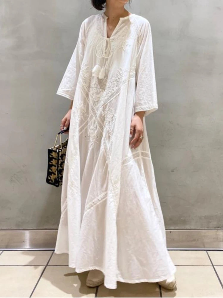 Amy Fashion - 2024 Cotton Linen Beach White V Neck Embroidered Boho Dress