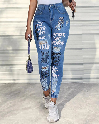 Amy Fashion - Letter Print Ripped New Casual Denim Jean