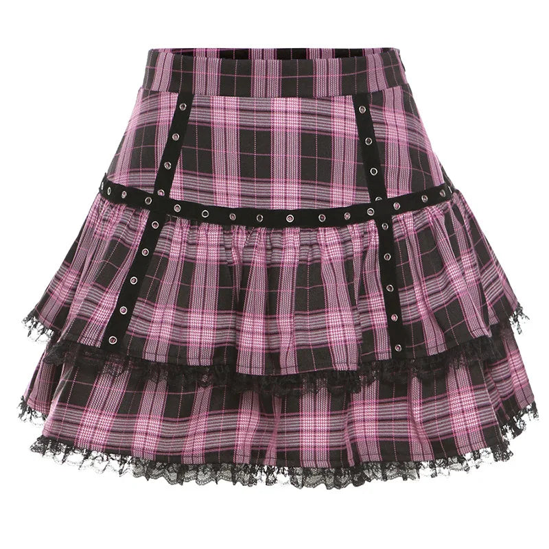 Plaid Skirt Pleated Japanese Cake Lolita Purple Pink Gothic Harajuku