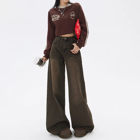 Amy Fashion - Loose Vintage Korean for Women High Waist Fashion Streetwear Casual Denim Femme Y2K Wide Leg Straight Jean