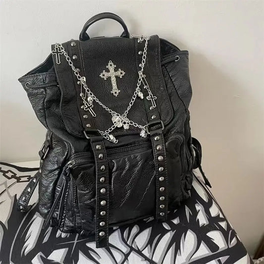 Fashion Women Chain Rivet Black Punk Goth Y2k Bag Backpack Skeleton