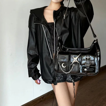 Shoulder Motorcycle Black Fashion Bag Casual Chains Y2K Gothic Harajuku