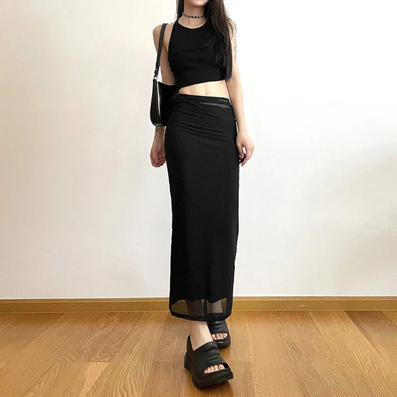 Y2K Black Long Harajuku Sexy Mesh Patchwork Wrap Summer Gothic Korean High Waist Slim A-Line Skirt