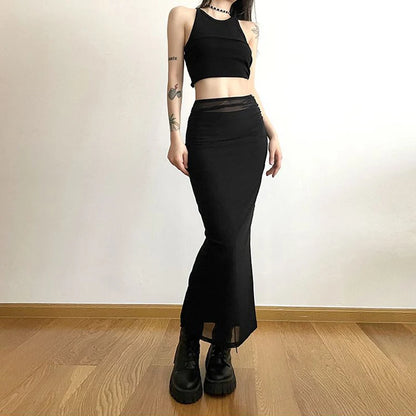 Y2K Black Long Harajuku Sexy Mesh Patchwork Wrap Summer Gothic Korean High Waist Slim A-Line Skirt