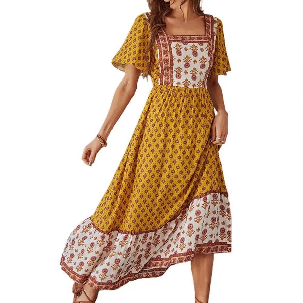 Amy Fashion - 2024 Bohemian Floral Print Ruffle Short Sleeve Women Boho Dress