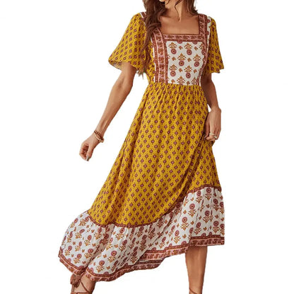 Amy Fashion - 2024 Bohemian Floral Print Ruffle Short Sleeve Women Boho Dress