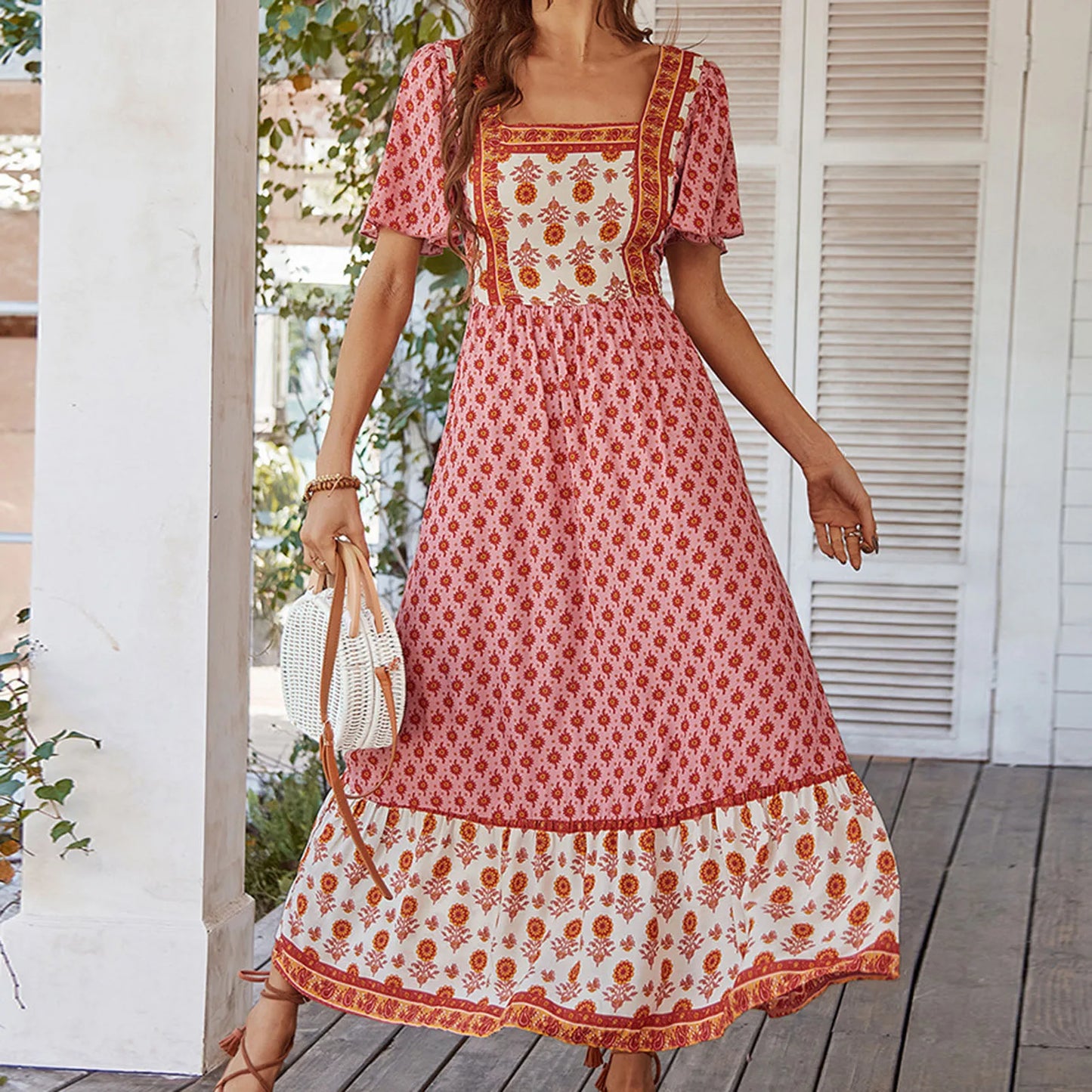 Amy Fashion - Bohemian Floral Print Ruffle Short Sleeve Women Boho Dress