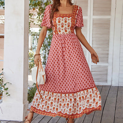 Amy Fashion - Bohemian Floral Print Ruffle Short Sleeve Women Boho Dress