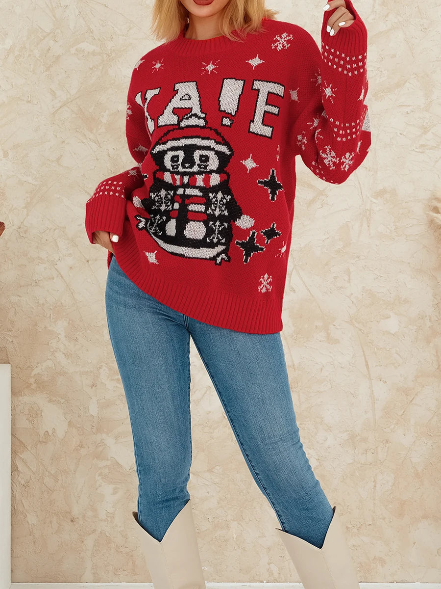 Reindeer Pattern Crew Neck Long Sleeve Knit Christmas Sweater