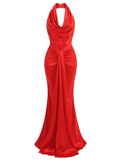 Red Backless Halter V-Neck Maxi Bodycon Christmas Party Dress