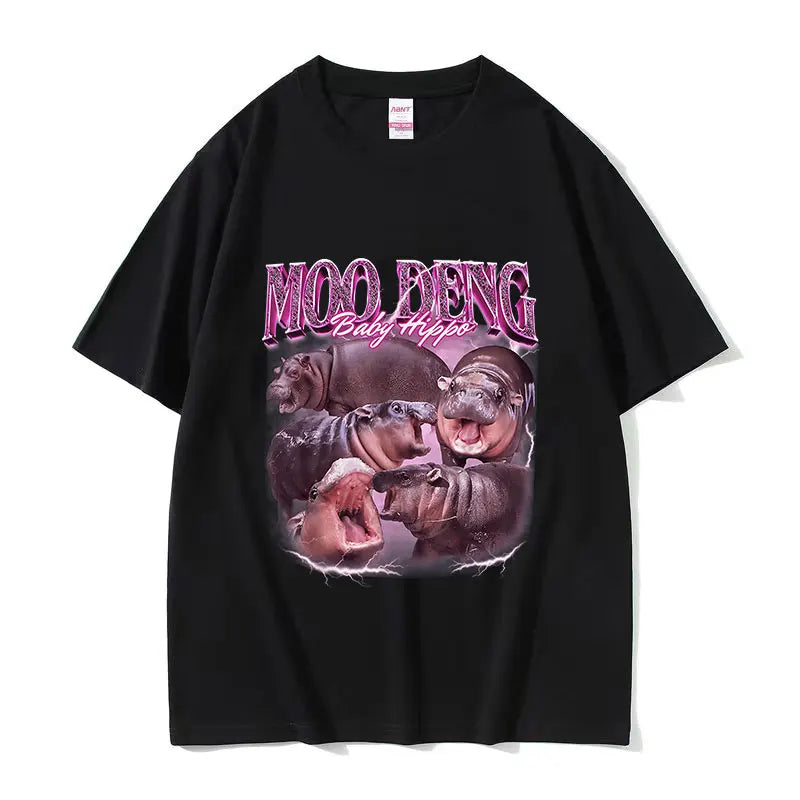 Vintage Harajuku Funny Meme Baby Hippo Oversized Cotton High Quality Fashion T-Shirt Moo Deng