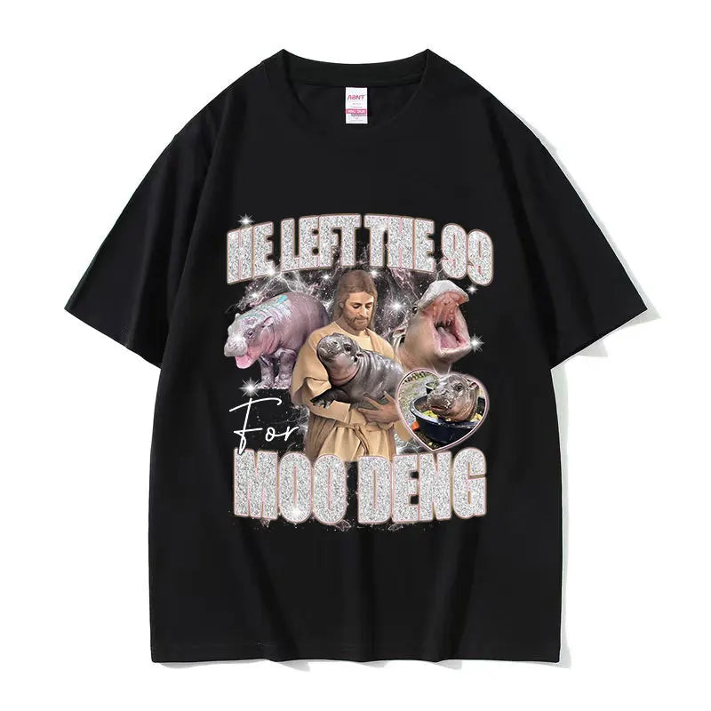 Casual Funny Meme Baby Hippo Jesus 100% Cotton Vintage Oversized Fashion T-Shirt Moo Deng