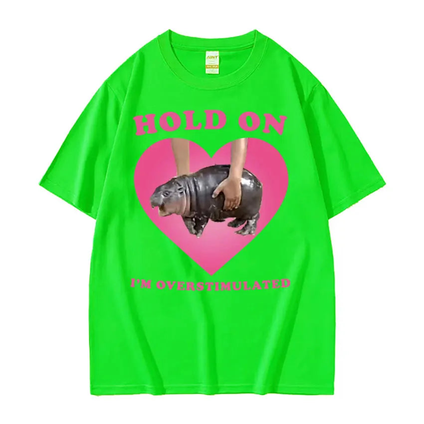 Oversized Cotton Funny Pink Heart Hold On Cute Baby Hippo Men Women Vintage T-Shirt Moo Deng