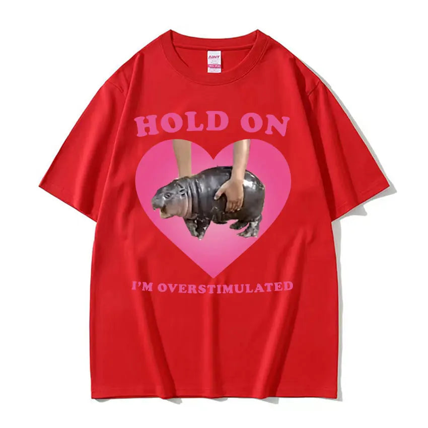 Oversized Cotton Funny Pink Heart Hold On Cute Baby Hippo Men Women Vintage T-Shirt Moo Deng