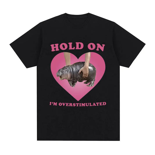 Oversized Cotton Funny Pink Heart Hold On Baby Hippo Graphic Men Women T-Shirt Moo Deng