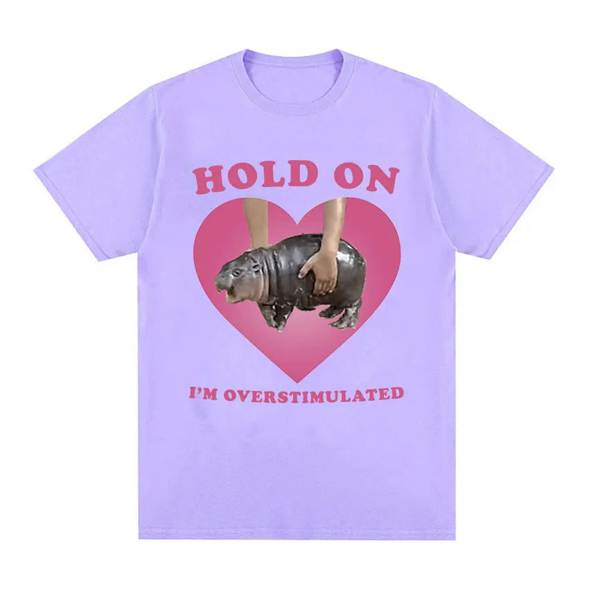 Oversized Cotton Funny Pink Heart Hold On Baby Hippo Graphic Men Women T-Shirt Moo Deng