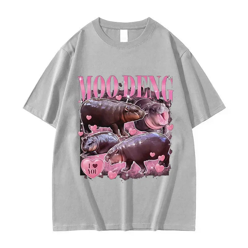 Retro Aesthetic Funny Meme Hippo Oversized Cotton Men Women Harajuku Fashion T-Shirt Moo Deng