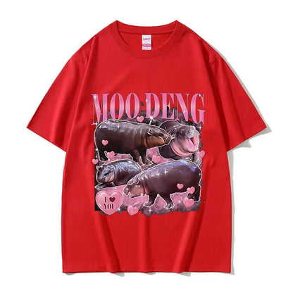 Retro Aesthetic Funny Meme Hippo Oversized Cotton Men Women Harajuku Fashion T-Shirt Moo Deng