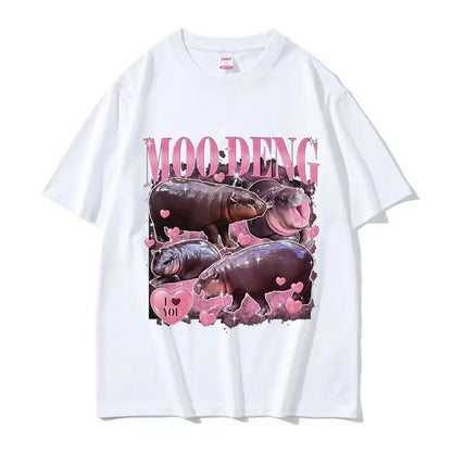 Retro Aesthetic Funny Meme Hippo Oversized Cotton Men Women Harajuku Fashion T-Shirt Moo Deng