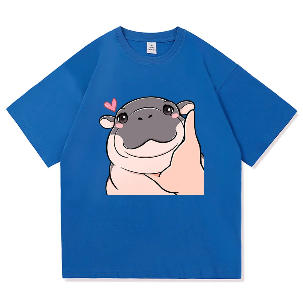 Harajuku Aesthetic Classic Cartoon Cute Hippo High Quality Cotton Unisex Men T-Shirt Moo Deng