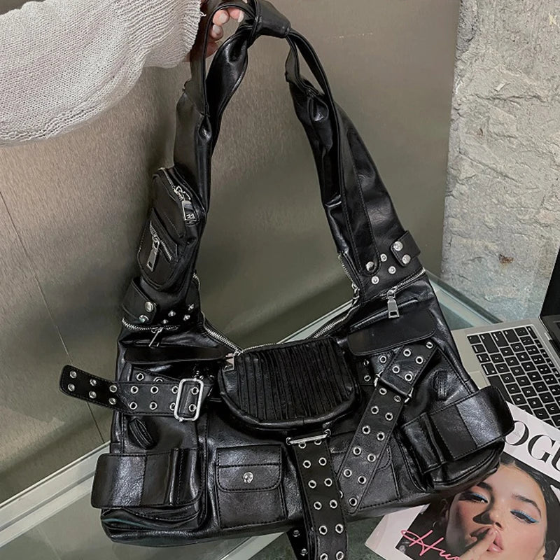 Pockets Knot Strap Bag Wide Designer Multiple Shoulder Moto Luxury Rivet