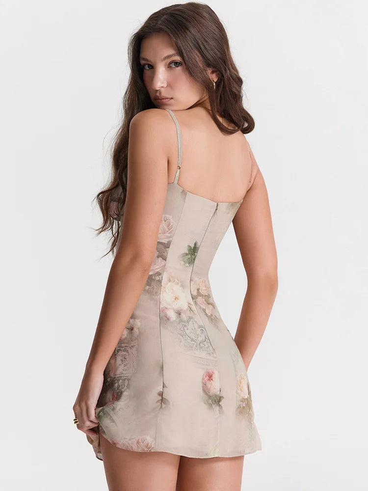 Amy Fashion - Chiffon Floral Print Spaghetti Strap Backless Boho Dress