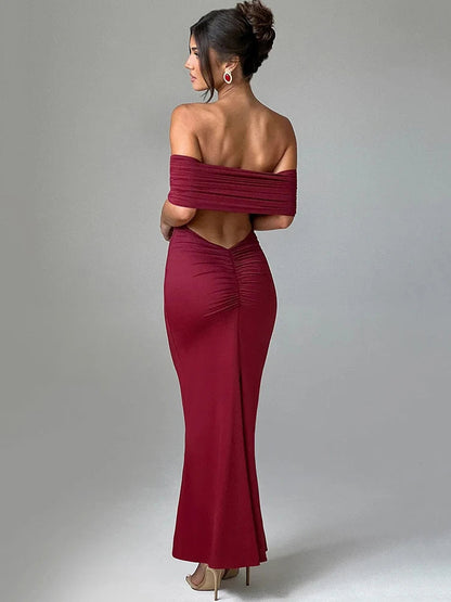 Sexy Strapless Backless Maxi Dress - Solid Off-shoulder Sleeveless Bodycon Christmas Party Dress