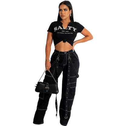 Amy Fashion - Multi Pockets Loose Straps Fashion High Waist Casual Cargo Autumn Winter Streetwear Denim Jean