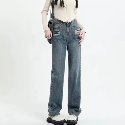 Amy Fashion - Summer New Design Sense High Waist Loose Fitting Slim Straight Pants Narrow Edition Wide Leg Jean