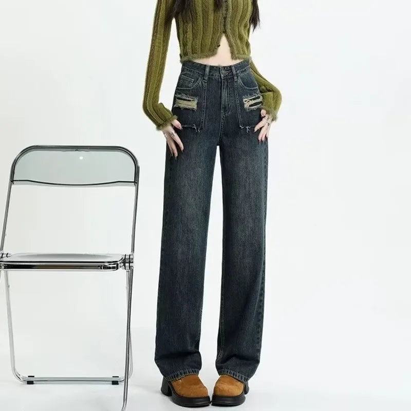 Amy Fashion - Summer New Design Sense High Waist Loose Fitting Slim Straight Pants Narrow Edition Wide Leg Jean