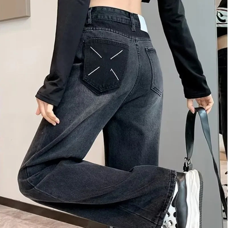 Amy Fashion - Natural Waist New Button Minimalist Trendy Summer Ins Wash Long Harajuku Wide Leg Black Jean