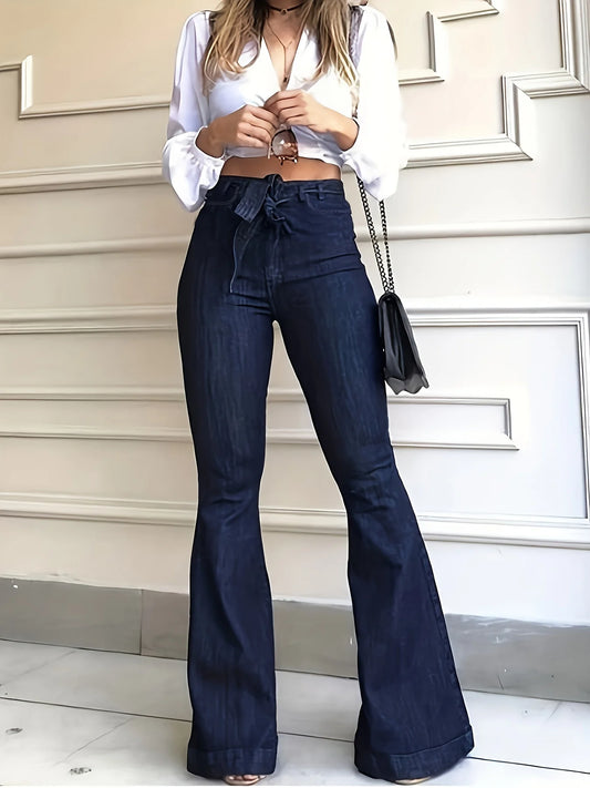 Amy Fashion - Navy Blue Flared Autumn High-Stretch With Waistband Bell Bottom Wide Legs Denim Jean