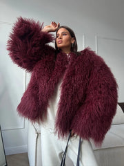 Burgundy Oversized Faux Fur Coat / S Coats-241208