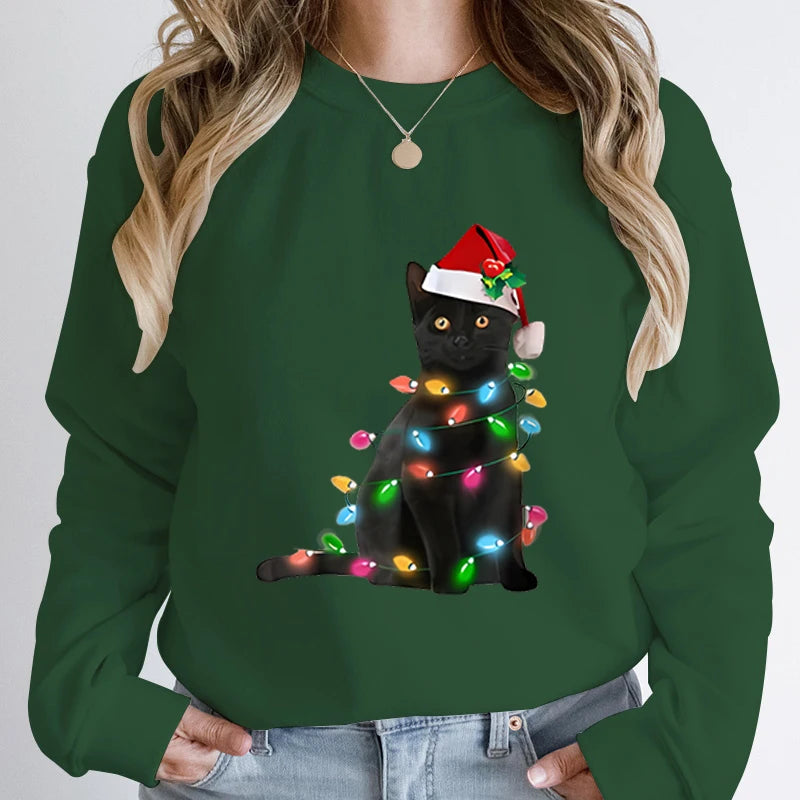 Black Cat Christmas Light Print Hoodie