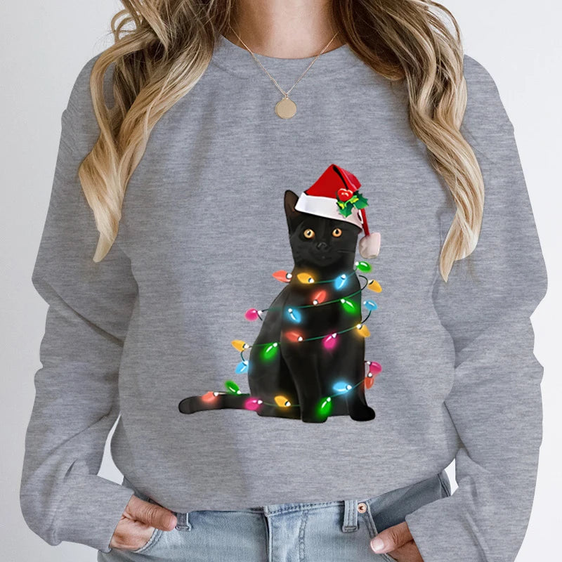 Black Cat Christmas Light Print Hoodie