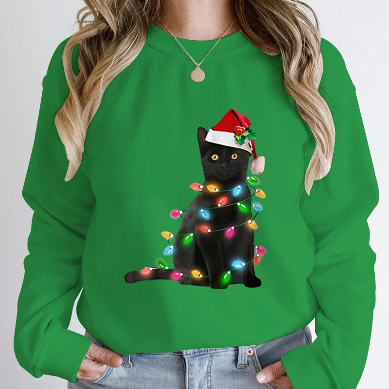 Black Cat Christmas Light Print Hoodie