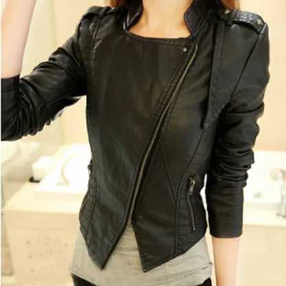 Locomotive PU Leather Short Slim-Fit Stand-Up Collar Rivet Leather Jacket