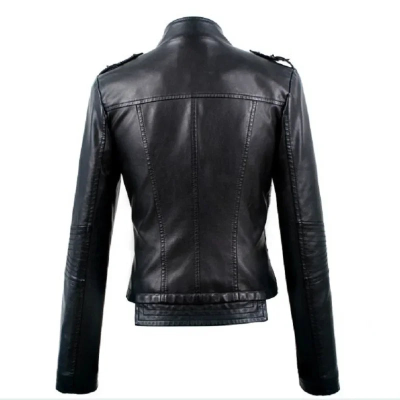 Locomotive PU Leather Short Slim-Fit Stand-Up Collar Rivet Leather Jacket