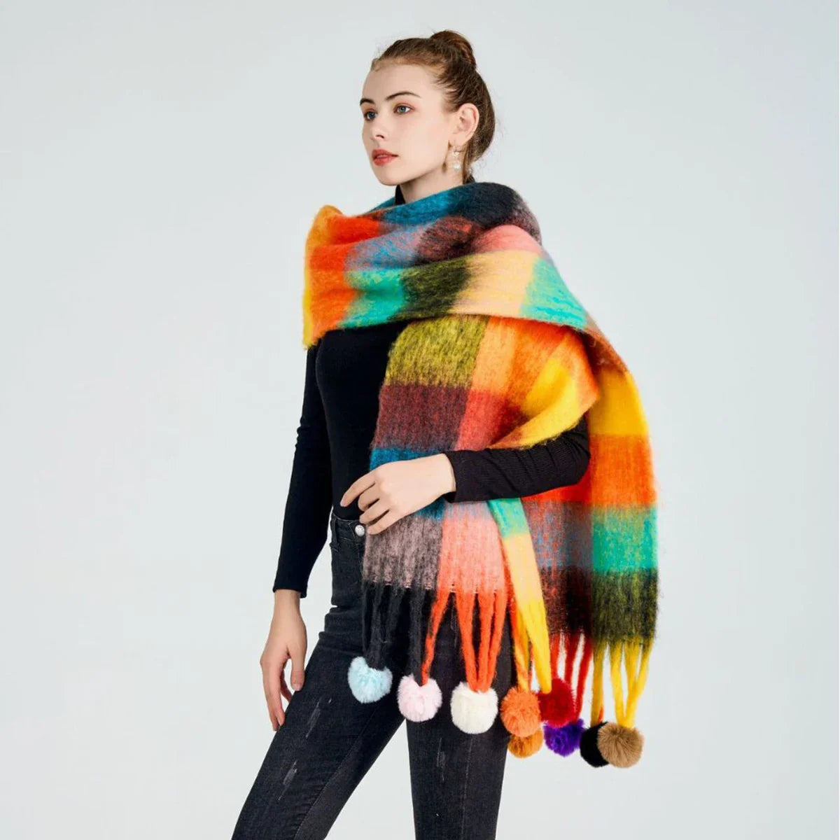 Cashmere Thick Warm Blanket Colorful Plaid with Long Tassels Soft Wrap Scarf