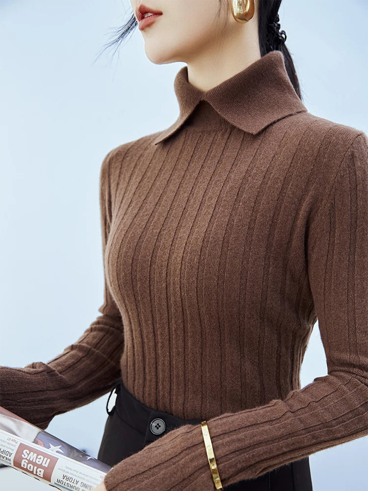 New Polo Collar Women's Knitted Long Sleeve Slim Fit Pullovers Autumn Winter Sweater