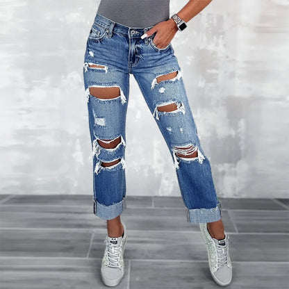 Amy Fashion - Ripped New High Straight Streetwear Hole Wash Cotton Ladies Denim Jean