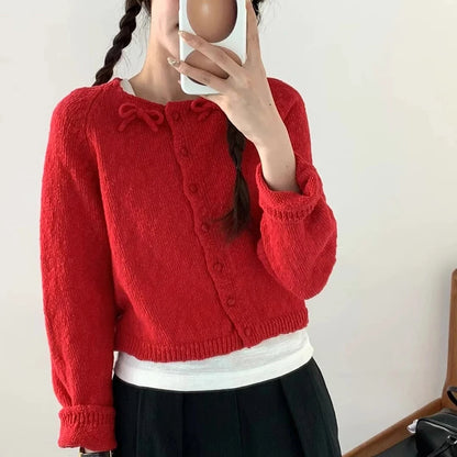 Sweet Korean Bow Kawaii Casual Autumn Preppy Skew Button O Neck Sweater