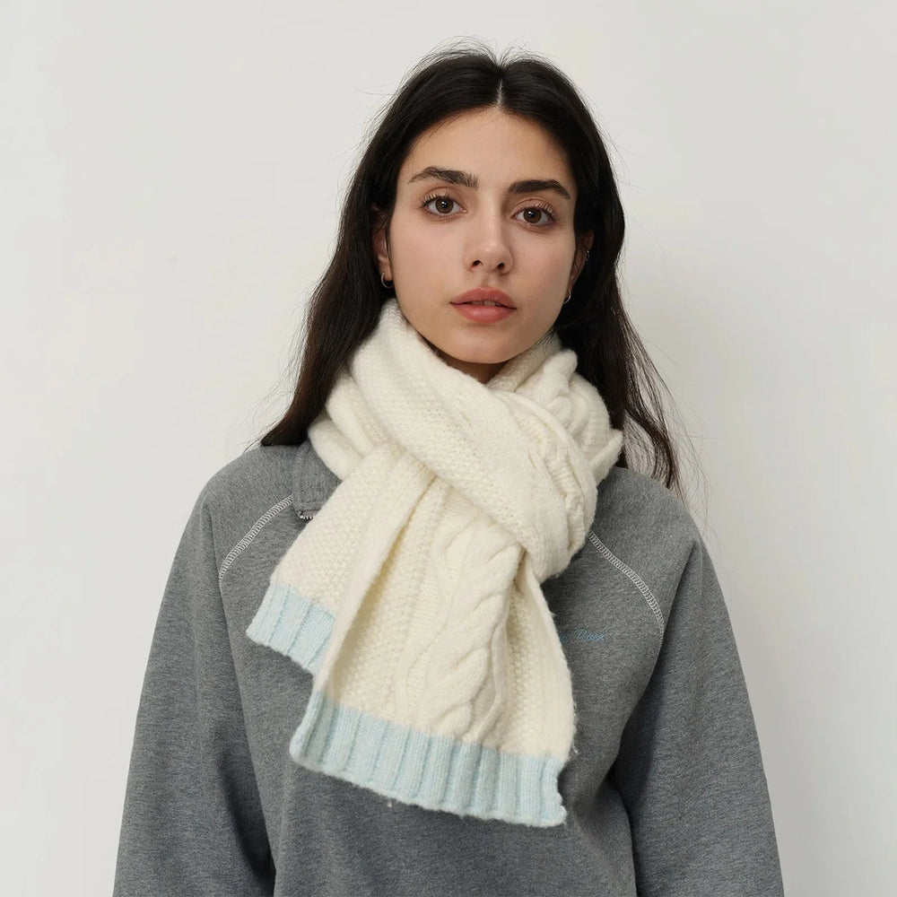 Winter Wool Blend Elegant Minimalist Two Color Splicing Scarf Beige Blue / L172Cm W23Cm Scarfs-L