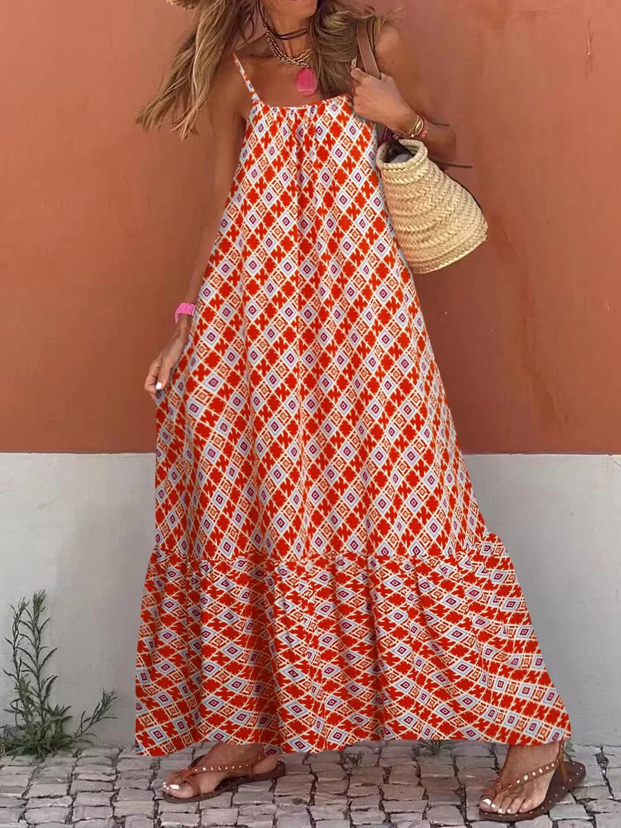 Amy Fashion - 2024 New Sleeveless Print Summer Spaghetti Strap Boho Dress