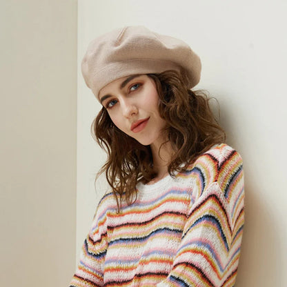 French Stripe Plaid Military Top Painter Beret Women Hat - Wool Knitted