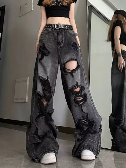 Amy Fashion - High Street Heavy Industry Wide Leg Niche Design Trendy Brand Women's Jean