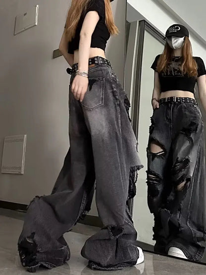 Amy Fashion - High Street Heavy Industry Wide Leg Niche Design Trendy Brand Women's Jean