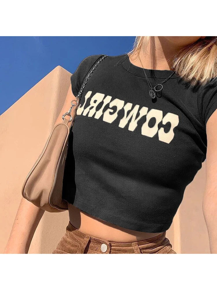 AMY - COWGIRL Print Casual Streetwear Short Sleeve Crop Top