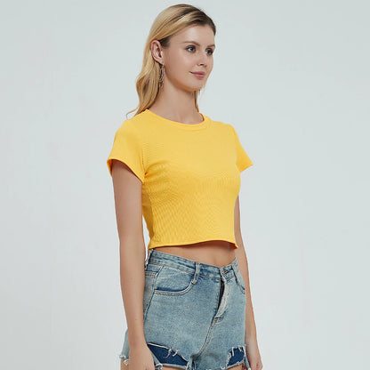 Knit New Short Sleeve O Neck Summer Casual Ribbed Basic Sexy Streetwear Crop Top