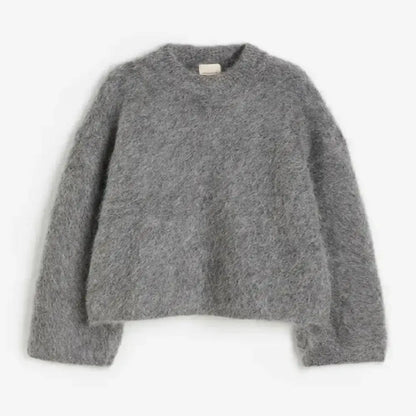 O-neck Rib Knitted Mohair Long Sleeve Women Autumn Winter Loose Cropped Jumper Casual Fashion Sweater